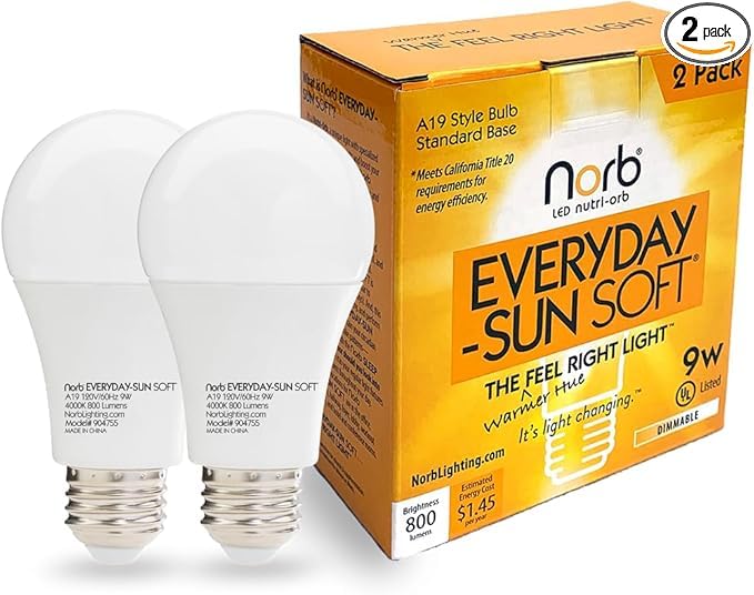 Norb Everyday Sun Soft Full Spectrum Wellness Light Bulb, 2-Pack - Natural Daylight LED Sunlight-Mimicking Technology for Energy