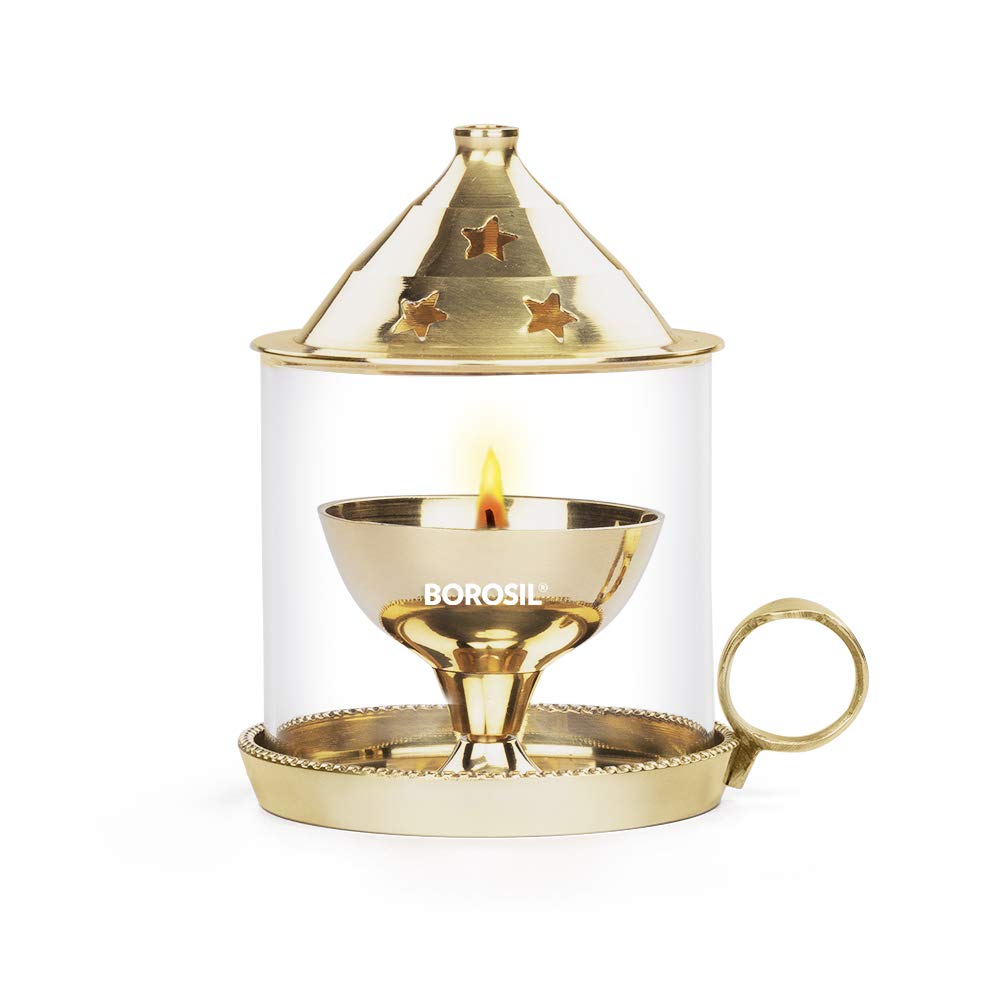 Borosil Medium Size Mangal Diya Decorative Brass Glass Oil Lamp | Tea Light Holder | Diya with Borosilicate Glass | Puja Dia for