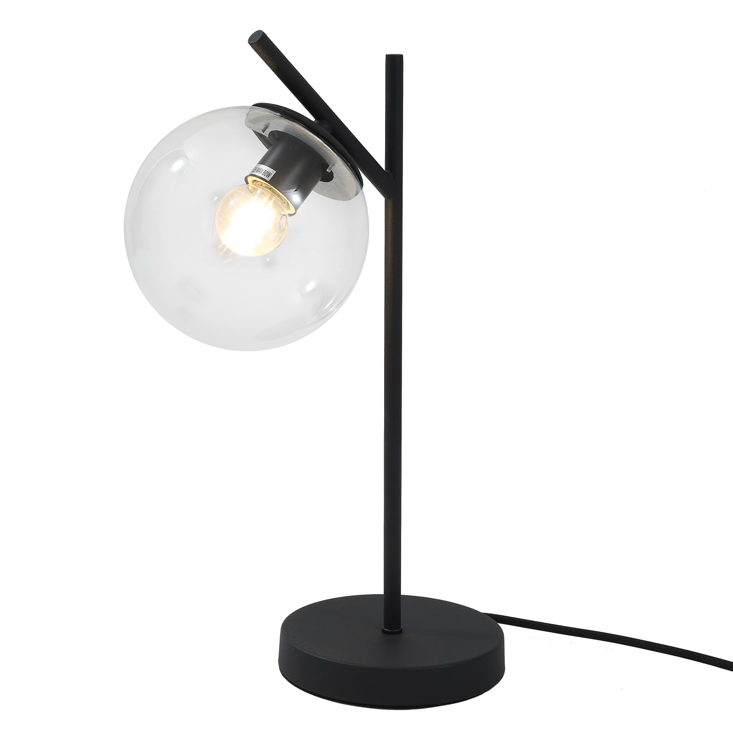 Fulesi Mid Century Table Lamp, Glass Globe, Black-Clear, Model T3009, H19.2 for Bedroom, Desk, Office, Study Room
