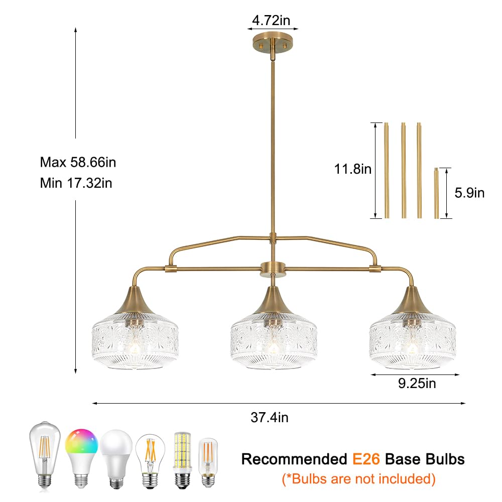 DSMJFU Farmhouse 3-Light Adjustable Pendant Lighting, 37.4in, Gold Clear Glass Shades, Model 250614, Industrial Chandelier for Modern Decor