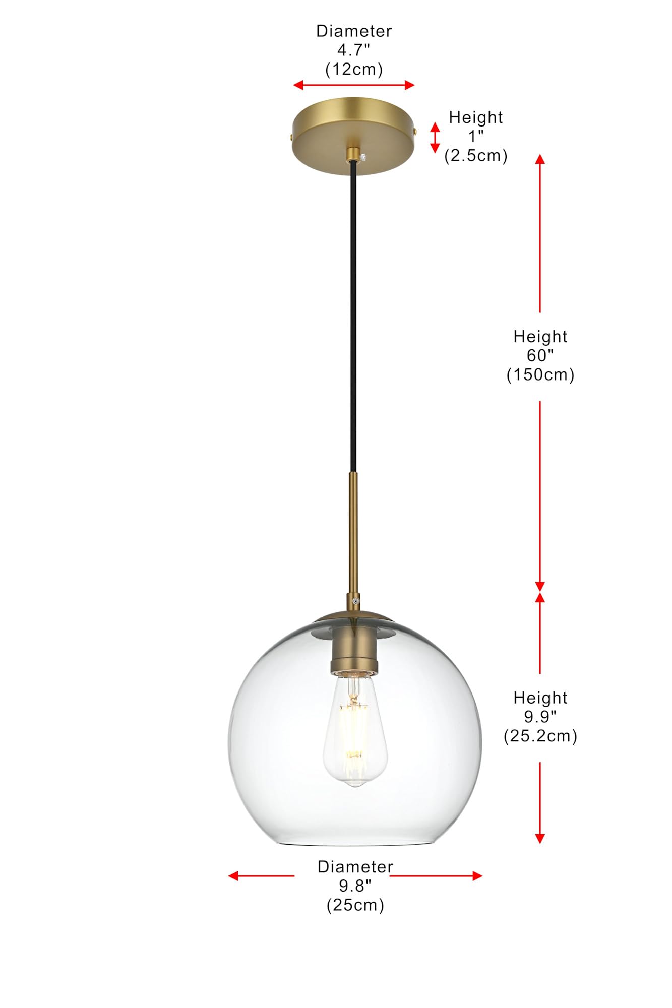 Elegant Lighting Brass Pendant Light With Clear Glass Shade, Modern 1-Light Ceiling Fixture