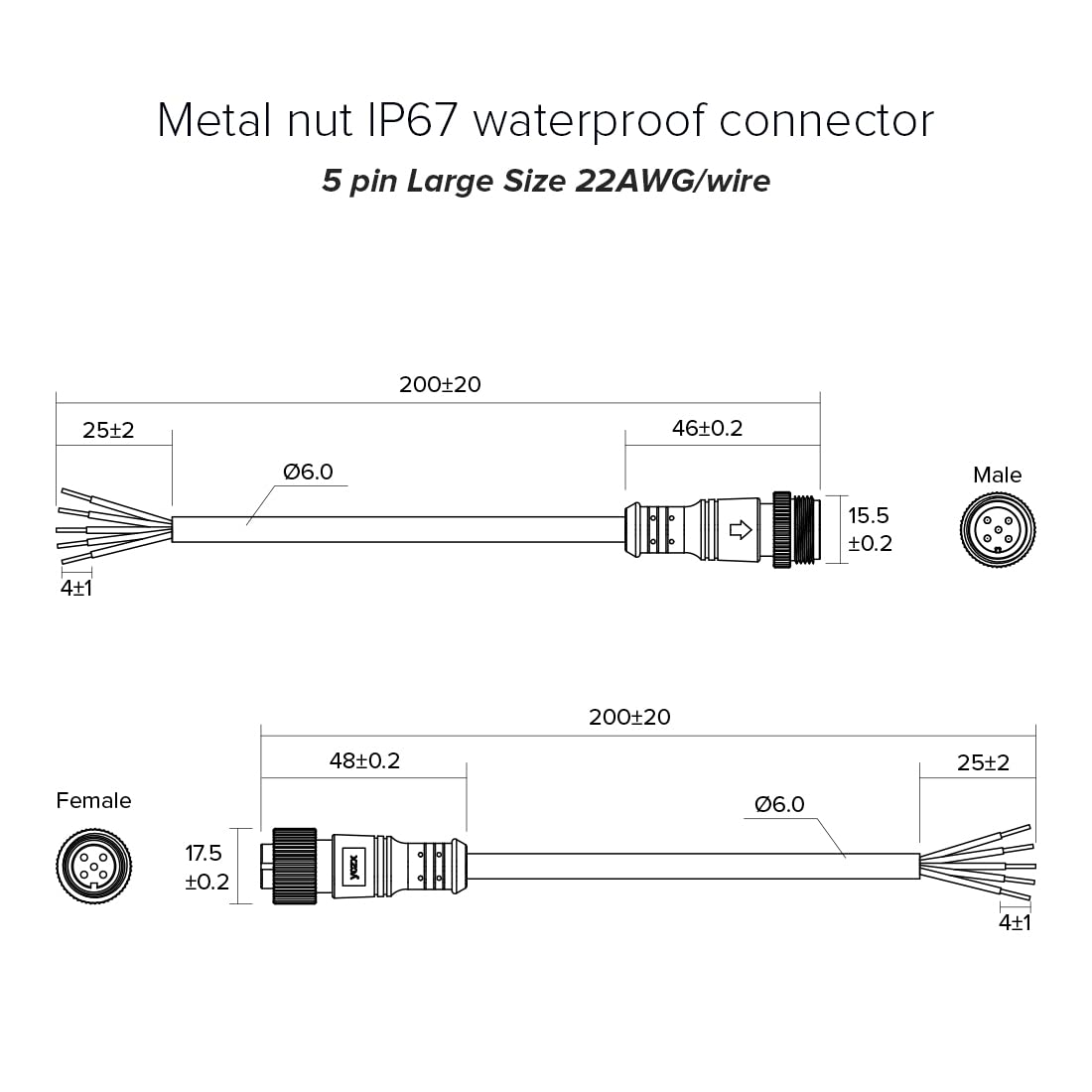 Btf-Lighting 5 Pin Electrical Metal Nut Connector 22Awg Ip67 Male Female Connector 7.87In/20Cm Extension Cable For Car Truck Boat Indoor/Outdoor Led Strip Lights/String 22Mm Metal Nut Big Size