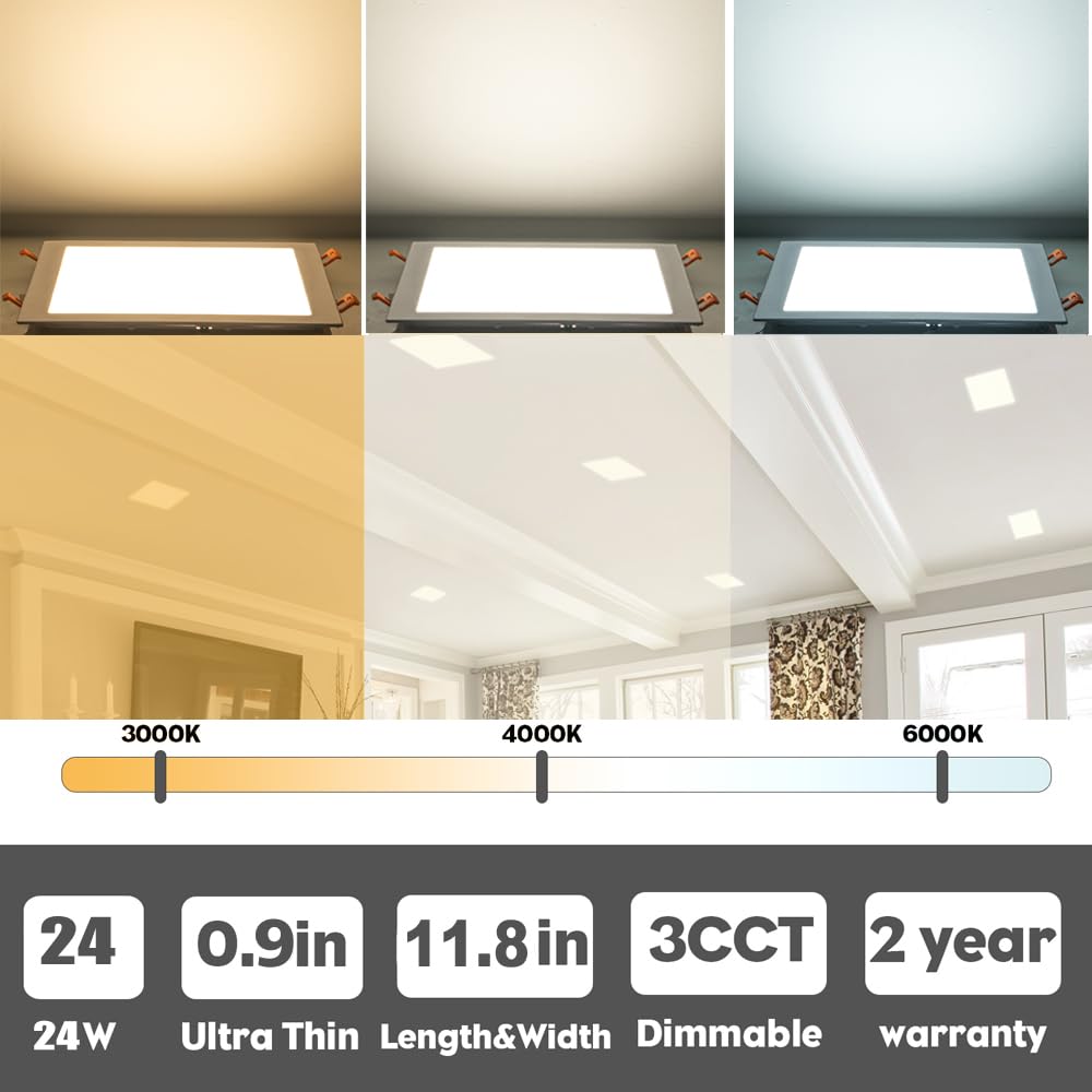 Qibang 4 Pack 11 Inch Square Led Recessed Lighting Dimmable With Junction Box,3Cct 3000K- 6000K Selectable,Cri90+ 2160Lm 24W Squ