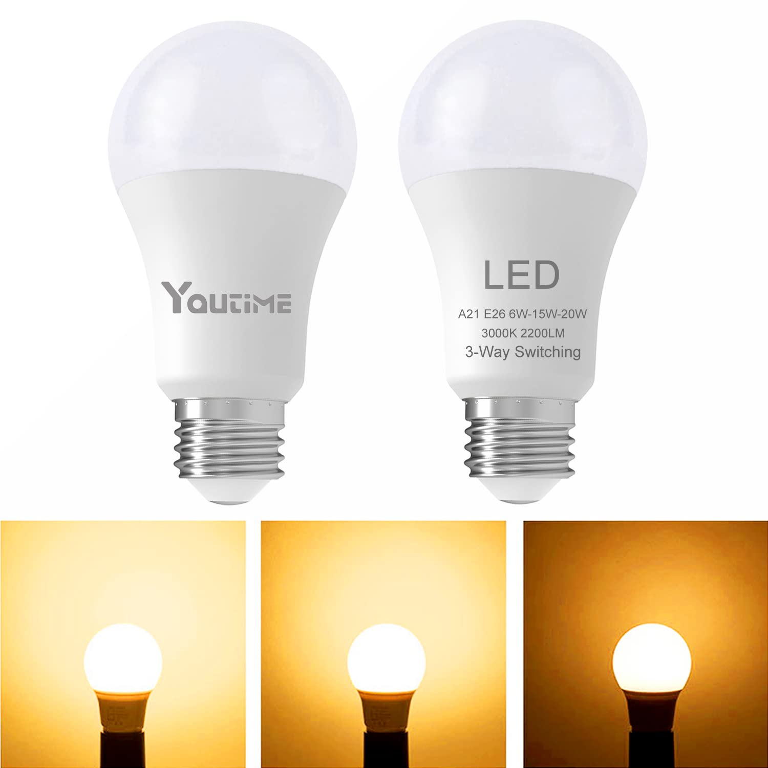Youtime Soft White 3 Way Led Light Bulbs 50 100 150 Watt Equivalent 3000K, Incandescent Replacement, A21 6/15/20W Energy Saving 