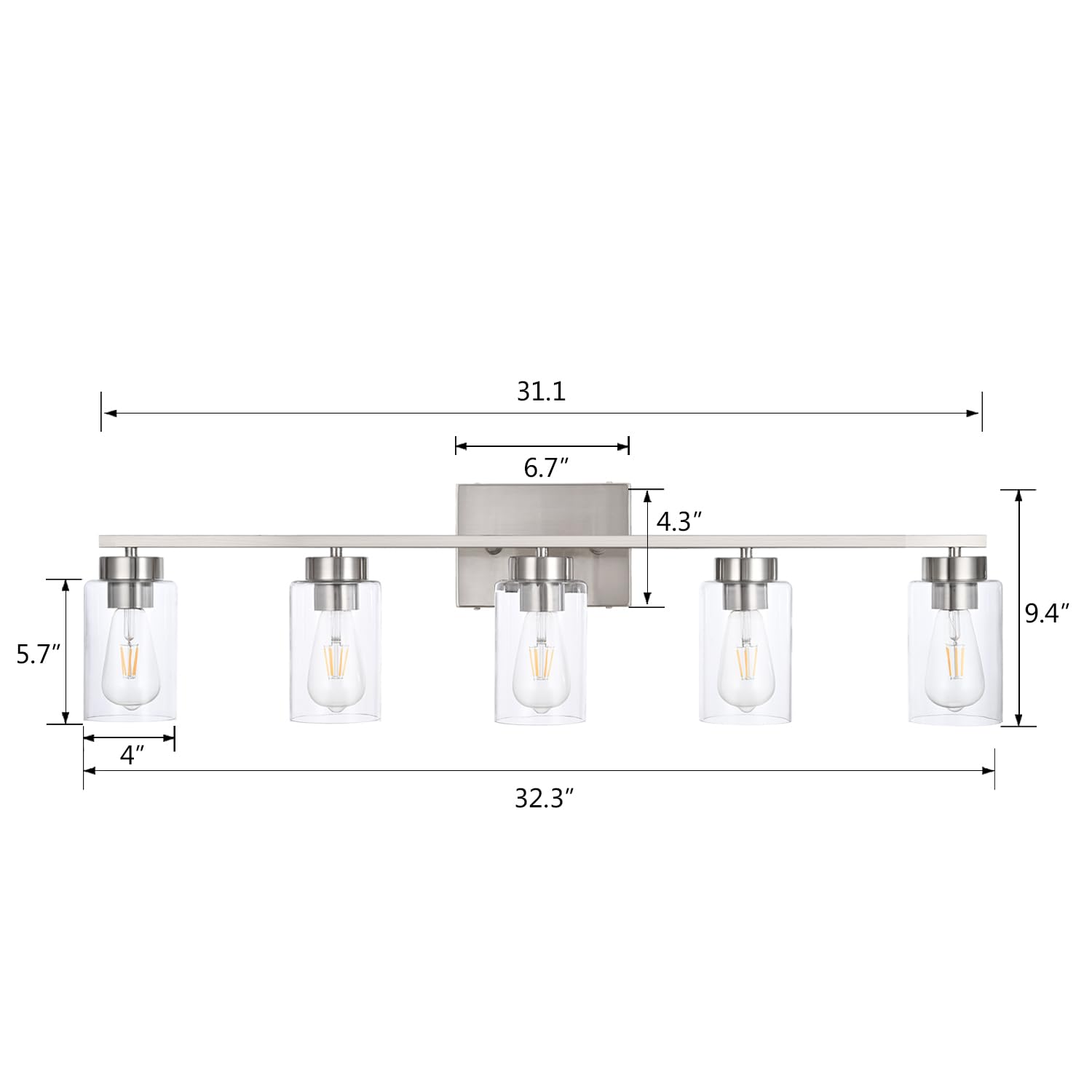 A1A9 5 Light Bathroom Vanity Light Fixture, Brush Nickel, Metal, Clear Glass Shade, Model NF-22406