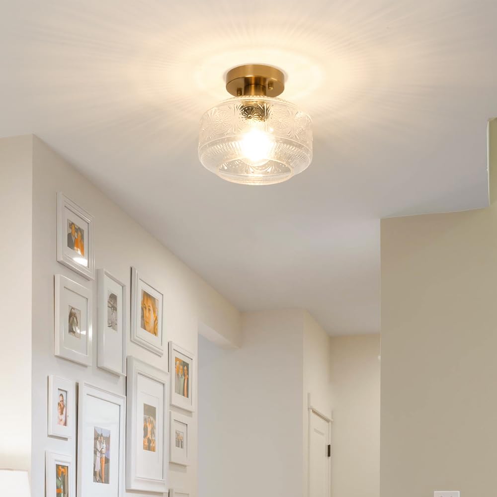 DSMJFU Semi Flush Mount Ceiling Light, Vintage Brass Light Fixture, Thickened Glass, Model DX23013C1N, Gold, for Entry Way, Bedroom, Bathroom