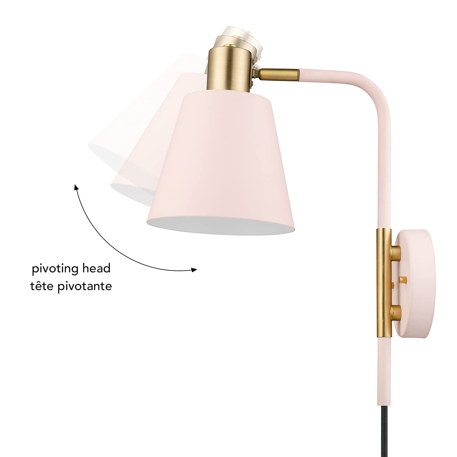 Globe Electric Cleo Wall Sconce 1-Light Plug-in/Hardwire, Metal, Blush Pink, Matte Brass Accents, Model 51826