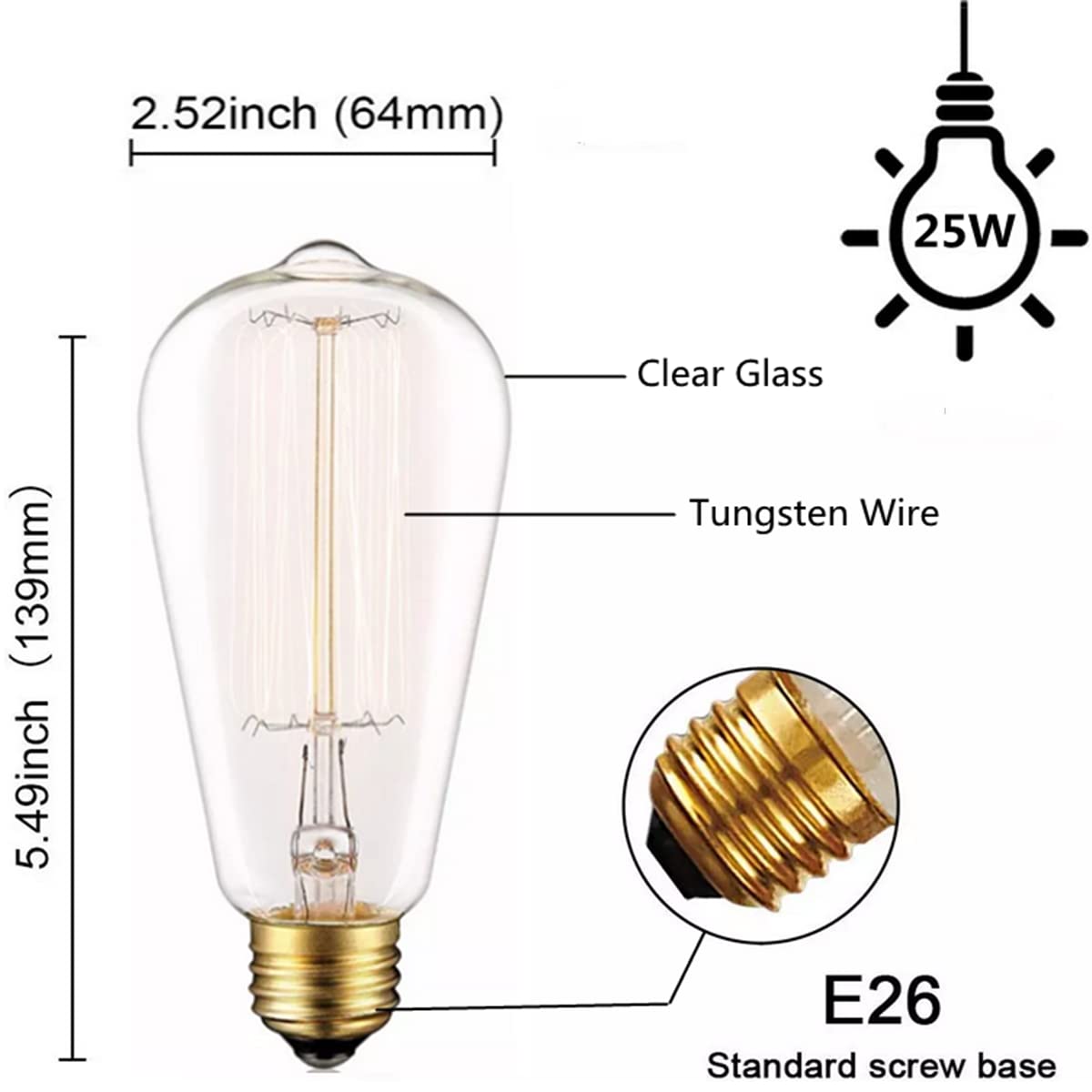 SooCooler Edison Light Bulbs 25W, Clear Glass Vintage Style, Warm White, 6 Pack, Model CpyST64Scool, 2700K