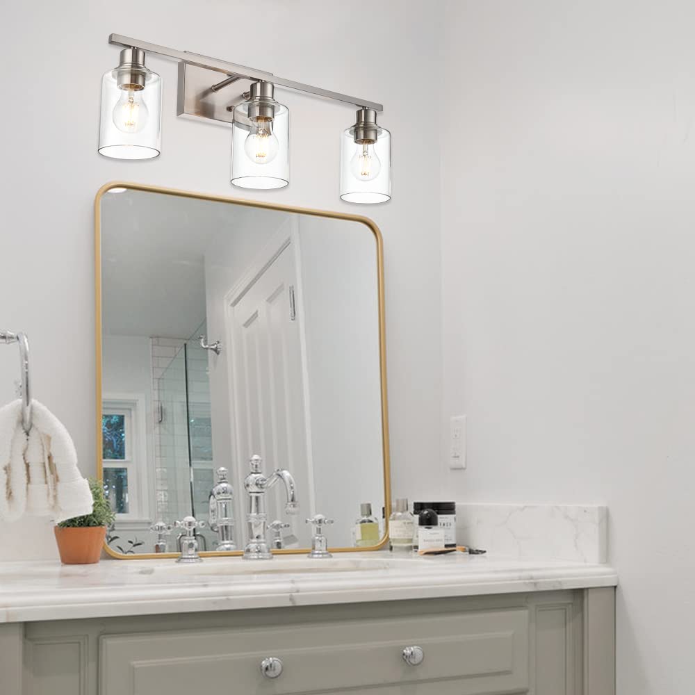 VINLUZ 3 Light Indoor Vanity Light Fixture, Brushed Nickel with Clear Glass Shade, Farmhouse Bathroom Lighting for Mirror, Porch, Workshop