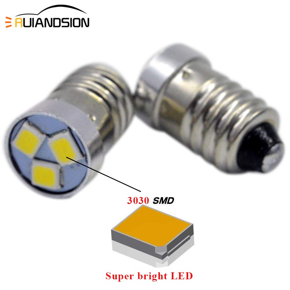 Ruiandsion 4Pcs 3V 6V 12V E10 Led Bulb 3030 3Smd White Led Replacement Bulb Upgrade For Flashlights Torch Light,Negative Earth (