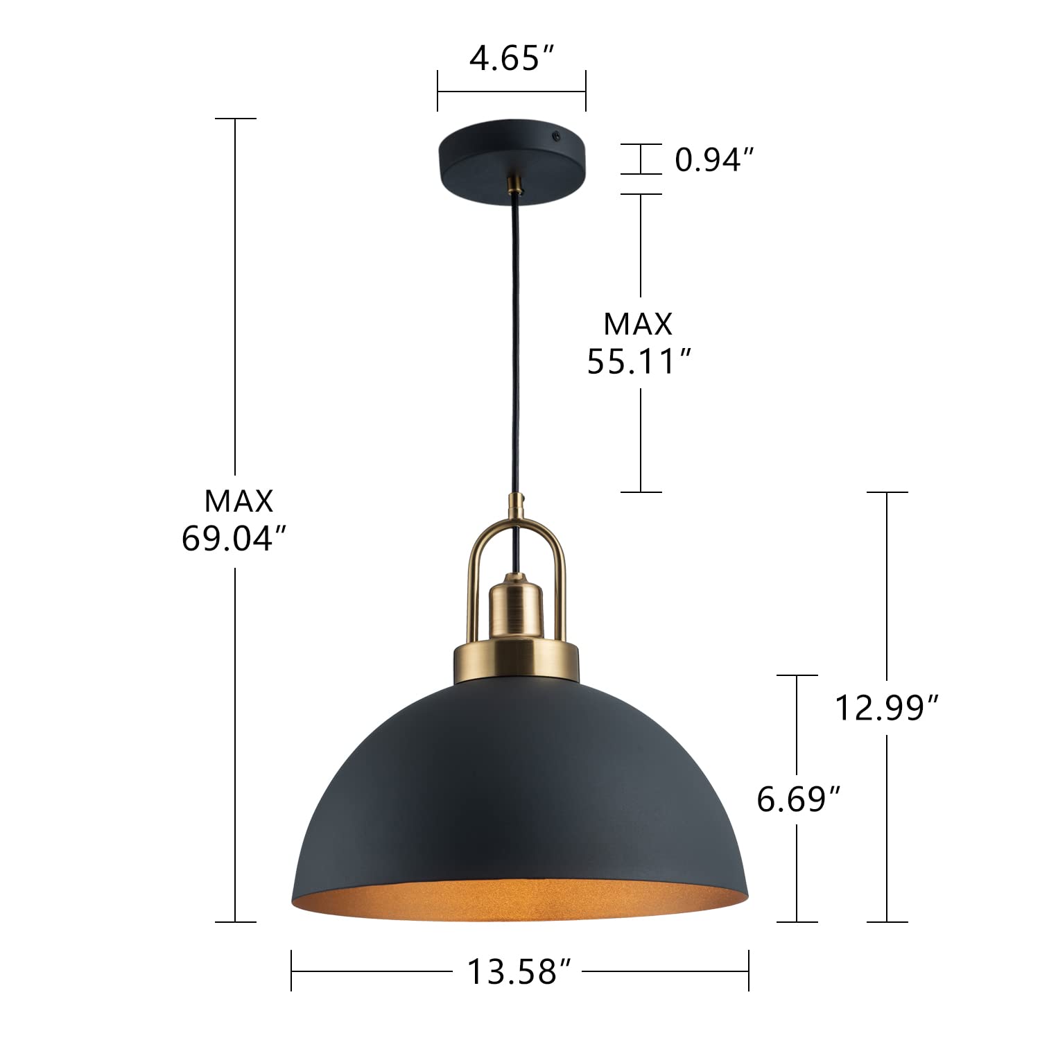 Yhanfengcy Vintage Pendant Light 13.58 &quot;Industrial Pendant Light Dome Black And Gold Line Length 78.74&quot; For Kitchen Island, Dining Room, Bedroom,Farmhouse Pendant Lighting