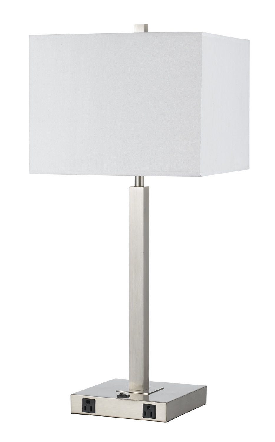 Cal 60W Metal Table Lamp with Two Outlets, Brushed Steel, 13inL x 13inW x 30inH, Model LA-8028NS-1-BS