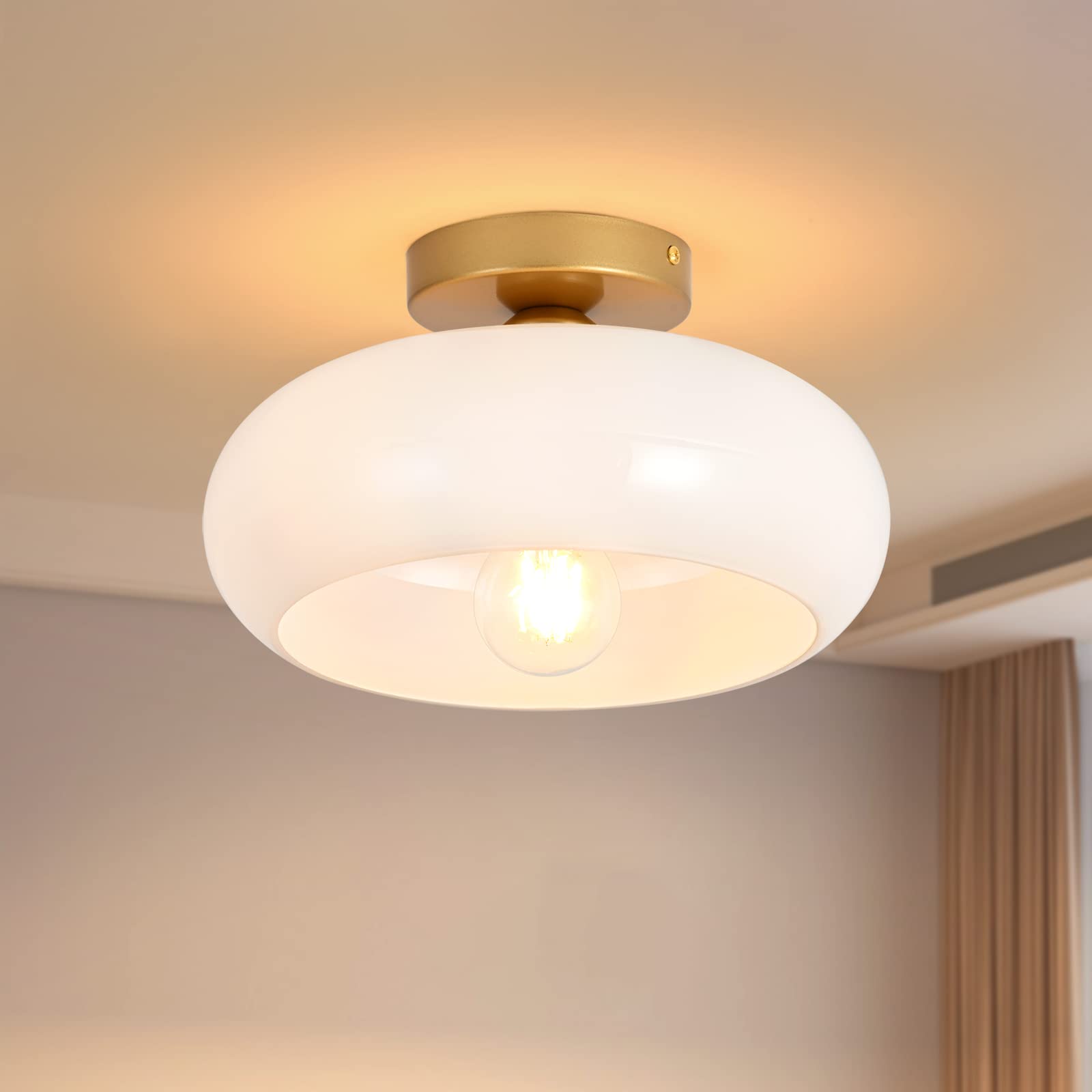 Woknos Mid-Century Modern Gold Semi Flush Mount Ceiling Light, Kitchen Ceiling Light Fixture With Glass Shade, Vintage White Close To Ceiling Lamp For Entryway Hallway Bathroom (8.66 Inch)
