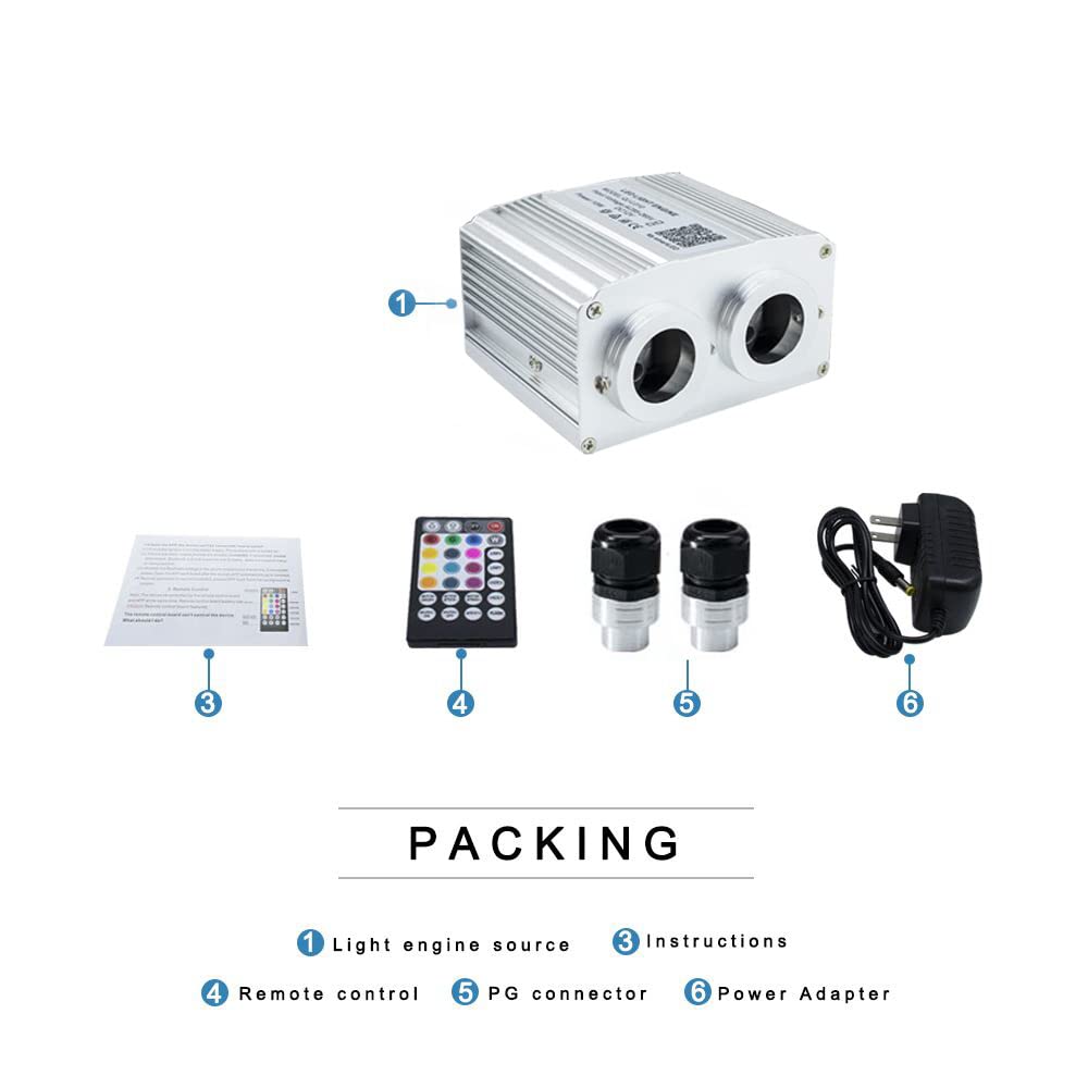 Azimom Dual Port 16W Twinkle Fiber Optic Starlight Box Sound Activated Rgbw Fiber Optic Light Source App/Remote Control Dual Head Light Engine Driver For Car Home Ceiling Star Lighting Decor