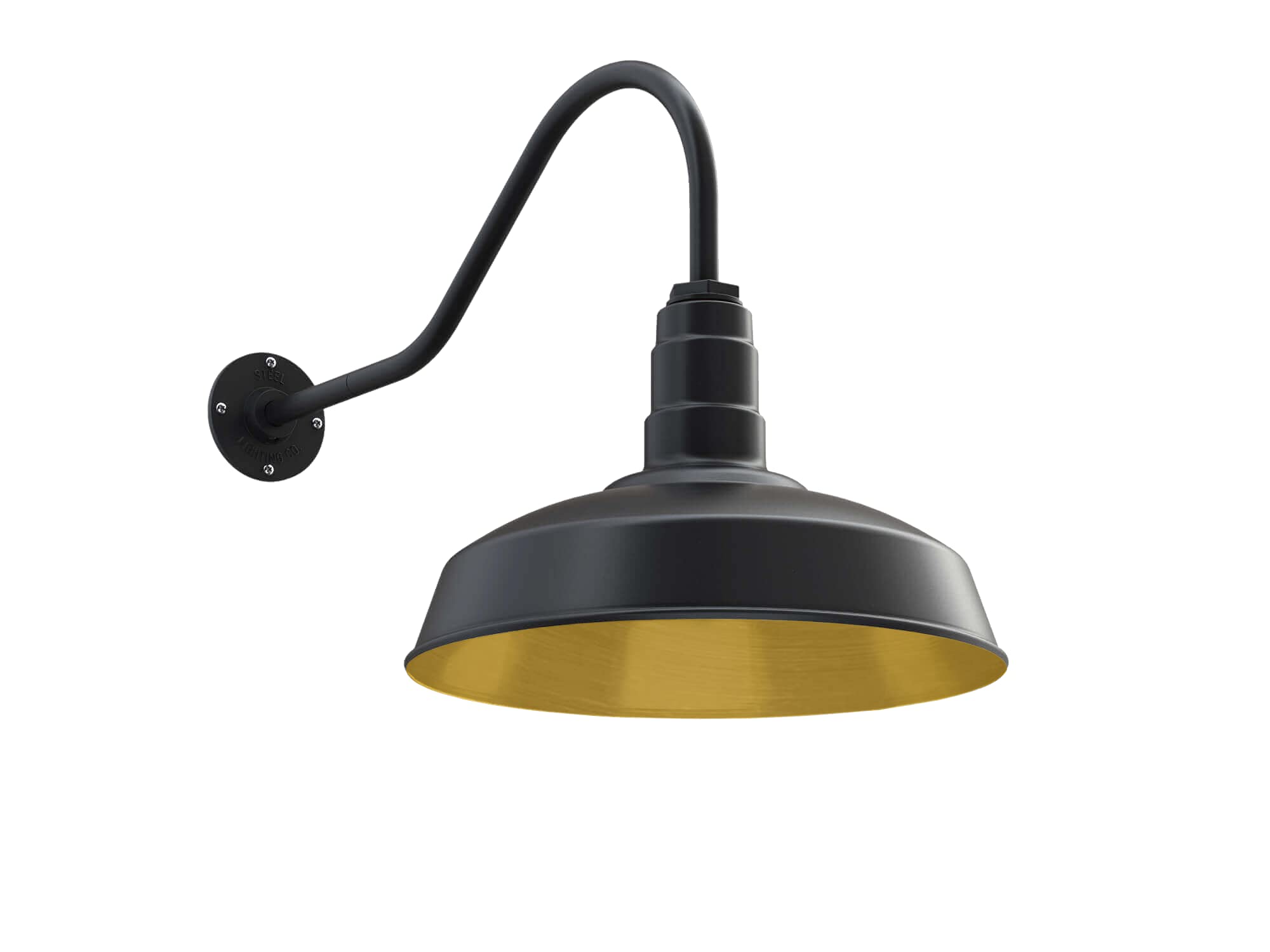 Steel Lighting Co. Gardena Barn Light - 16in Dome, 23in Gooseneck, Matte Black with Brass Interior, Dusk to Dawn, Outdoor Wall Mounted