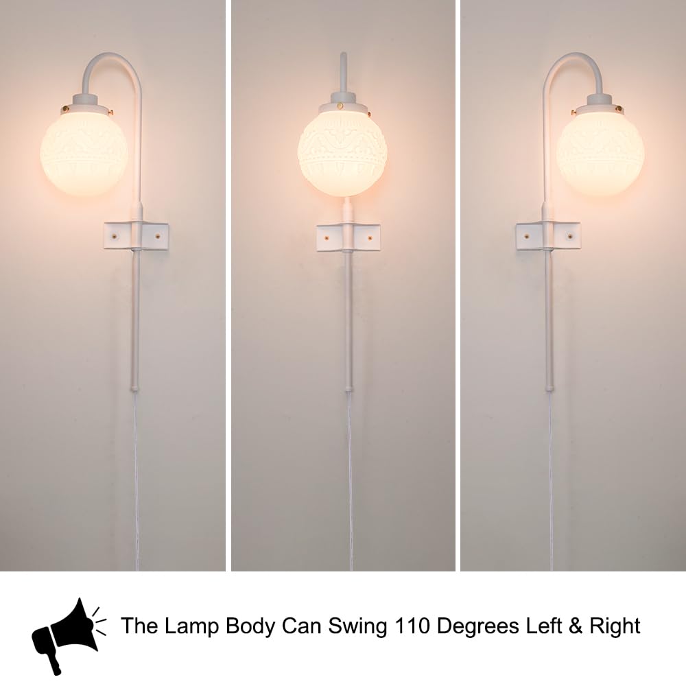 Daunton Vintage Plug in Wall Sconces Set of 2, Adjustable White Metal Sconces with Milky Globe Glass, Model 250109