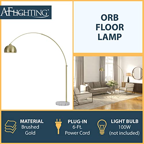 AF Lighting Orb Adjustable Plug-in Floor Lamp with Online Foot Switch, Marble Base and Brushed Gold Metal Globe Shade for Home o