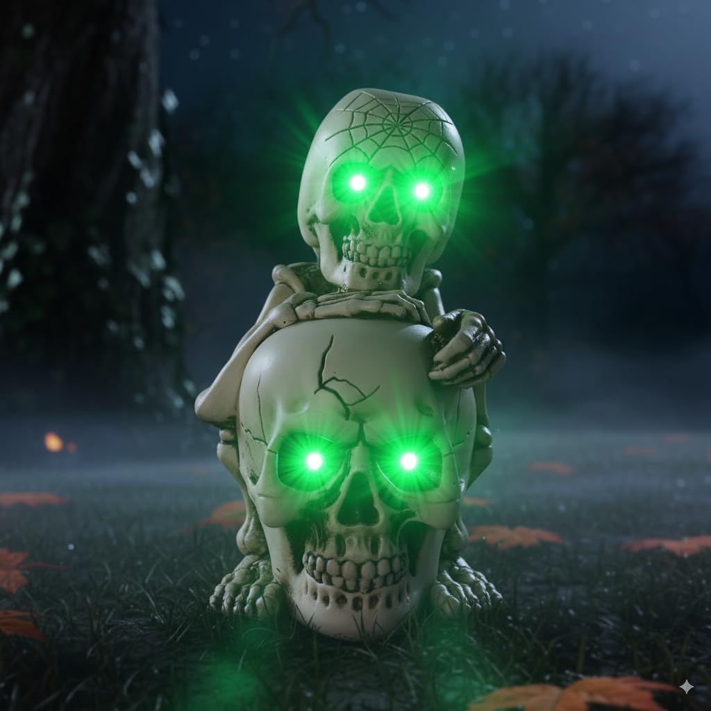 JJALIGHTS Solar Halloween Decorations Outdoor 7 Skeleton Figurine Halloween Table Decoration for Outdoor,Skull Decor for Outside