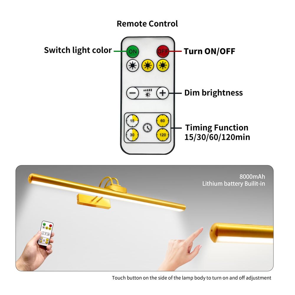 TIAUEU Wireless Picture Light, 26" Dimmable Art Display Light, Rechargeable Battery, Remote Control, Full Metal, Gold - 1 Pack