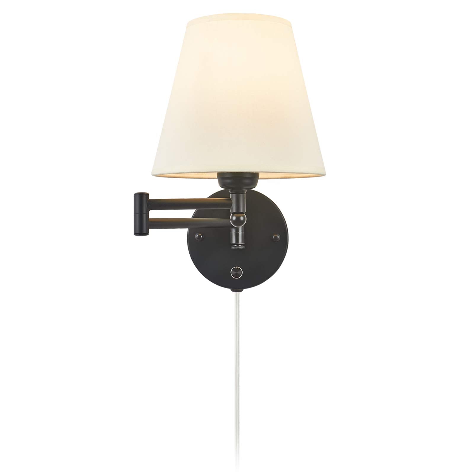 Ic Instant Coach Swing Arm Wall Lamp Plug In Wall Mount Opaque Ivory Linen Shade 40W 2-Way Cord Covers(1 Light)