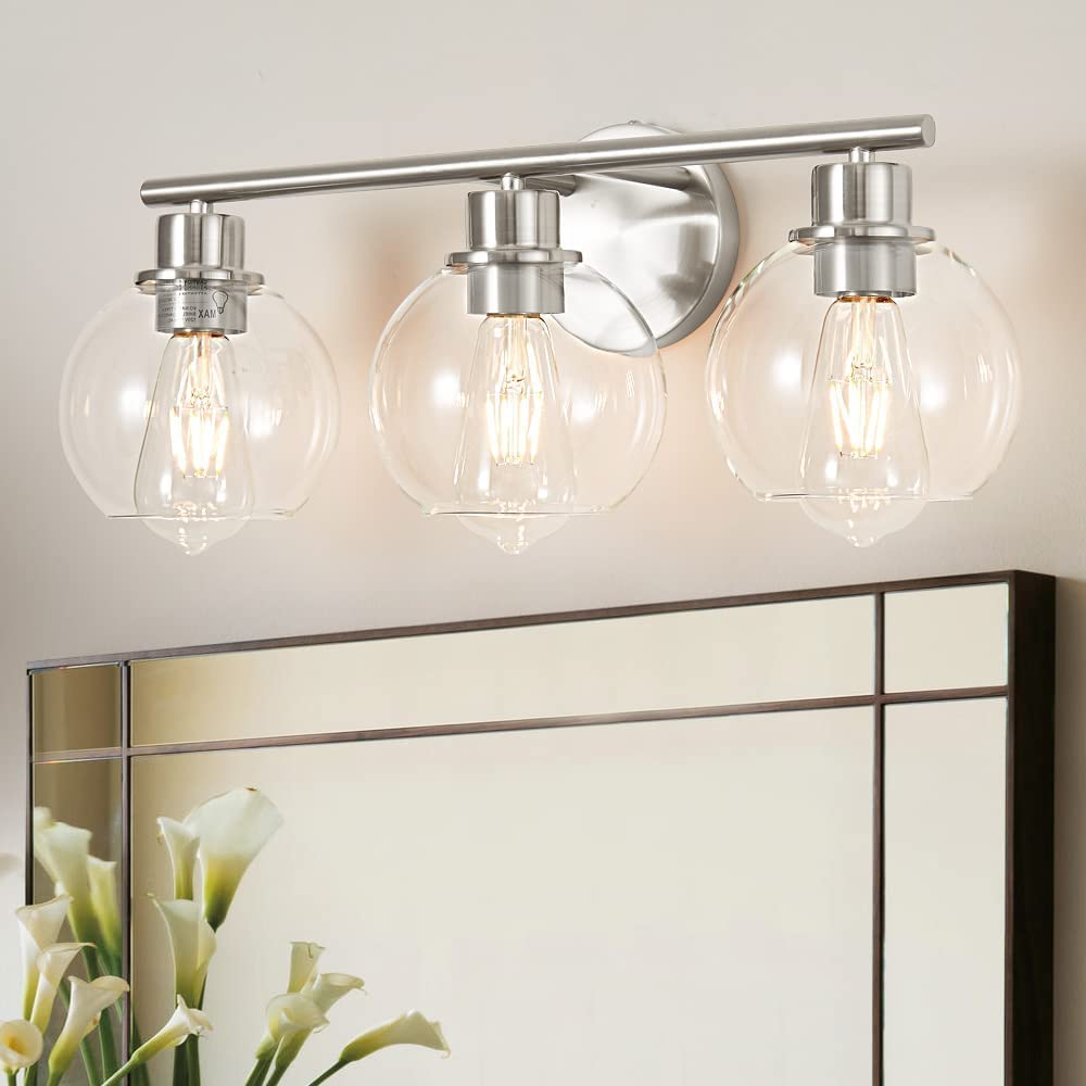 Lanmate Bathroom Vanity Light Fixture, 3-Light with Clear Glass Shade, 22 inch, Modern Brushed Nickel, Model 1746
