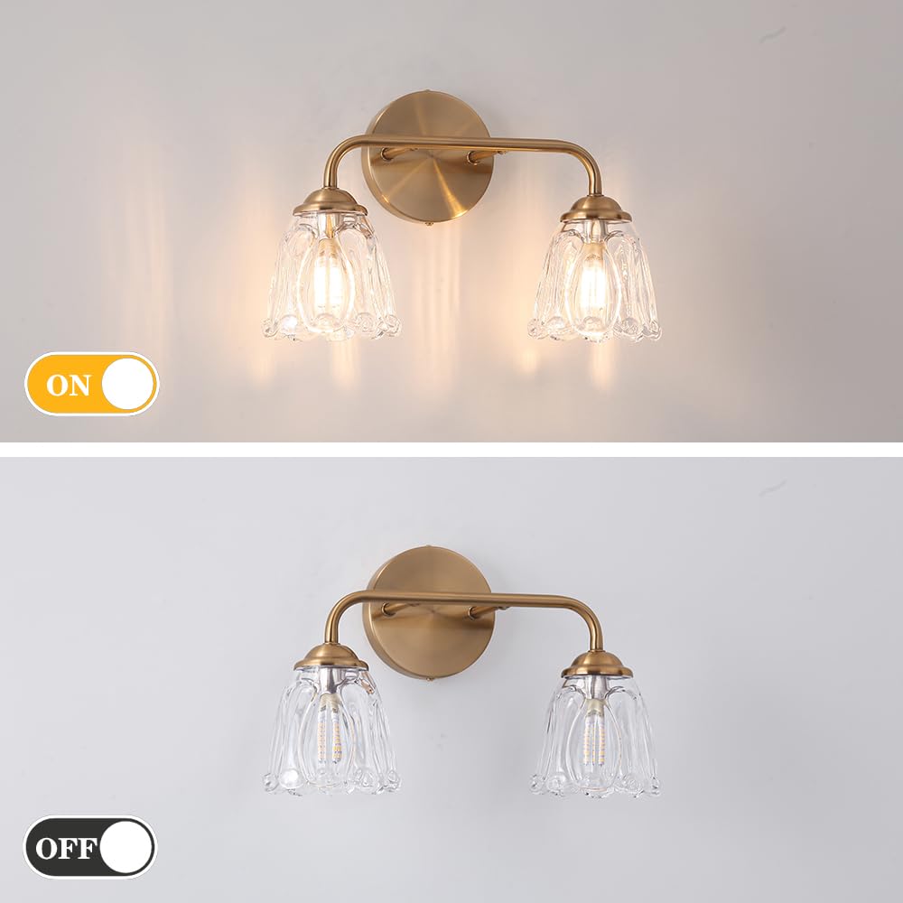 Daunton Vintage Brass Vanity Light, 2-Light Bathroom Lighting Fixtures Over Mirror, Elegant Vanity Lighting For Bathroom With Cl