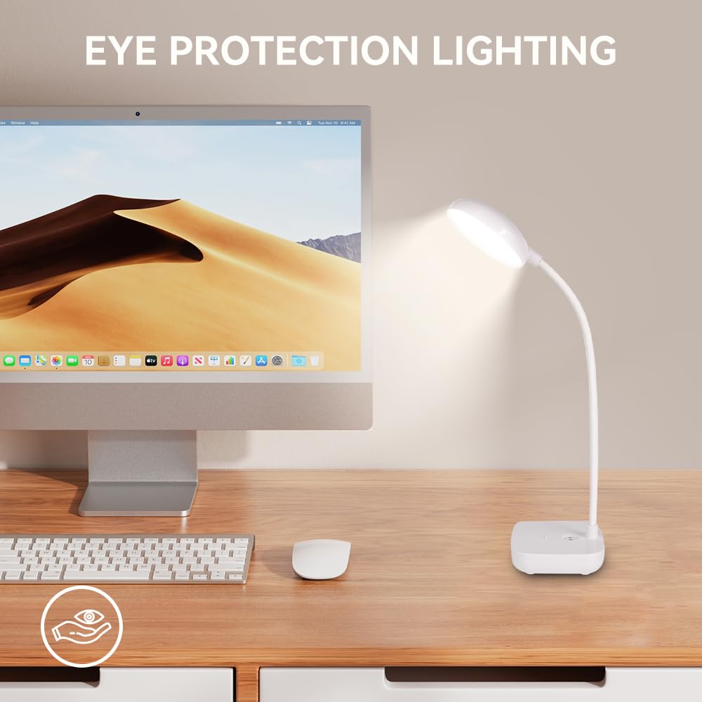 Small Desk Lamps For Small Spaces,2 Pack White,Rechargeable Desk Lamp Battery Powered,3 Light Colors,Eye Protection Light,10 Adj