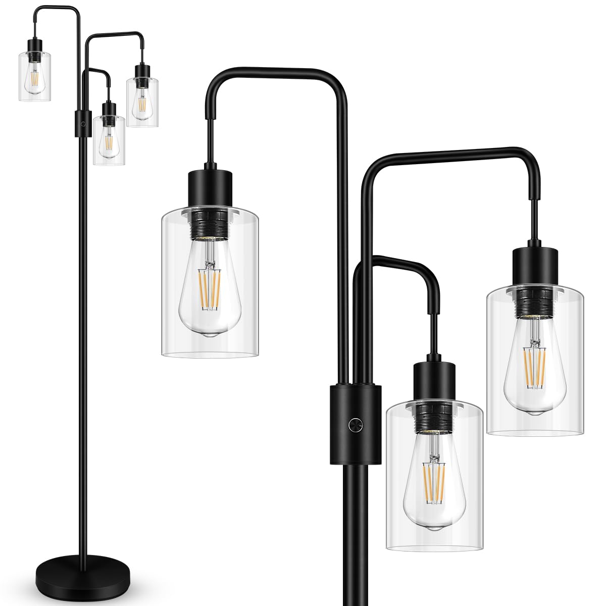 BoostArea Industrial Floor Lamp for Living Room Glass Lampshade Modern Stand Up Lamp with 3 Light Simple Design Floor Lamp for Bedroom  Living Room  Office  Kids Room  Reading