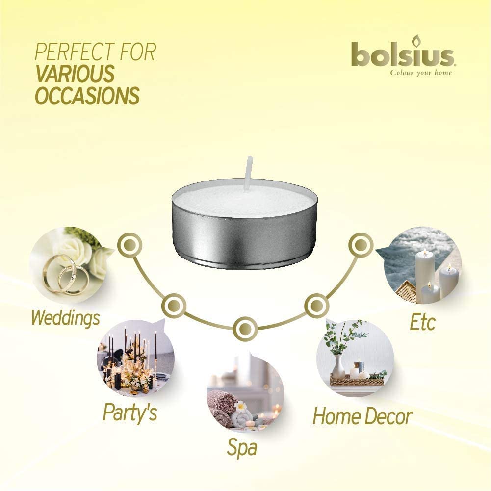Bolsius Smokeless Tea Light Candles – 100 Count, Long-Lasting Tealight Candles Unscented With Cotton Wicks & 4 Hour Burn – Wax Tea Lights Candles In Bulk For Parties, Weddings, Home Decor, & More