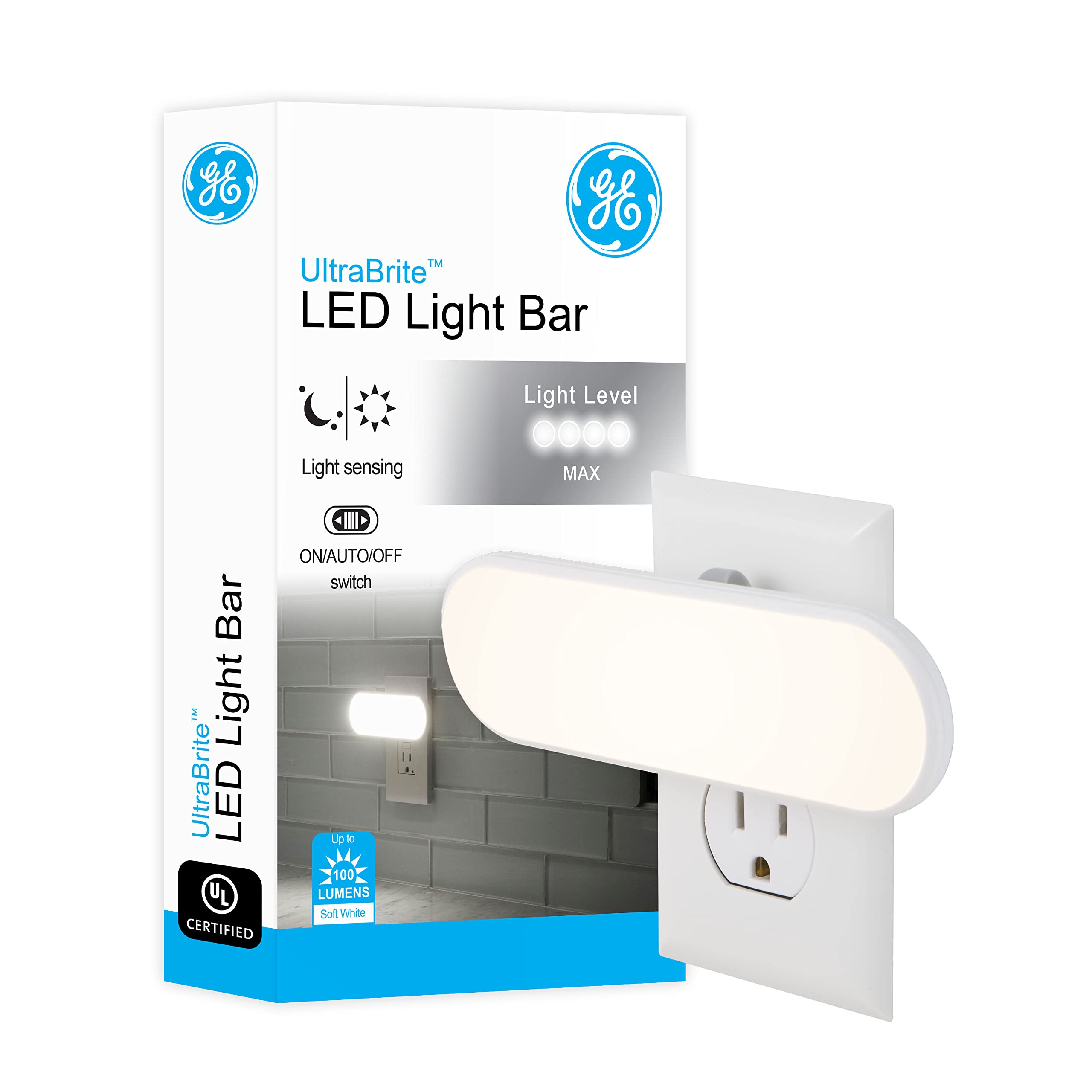 GE Ultrabrite LED Light Bar Night Light  100 Lumens  1 Pack  Dusk-to-Dawn Sensor  Auto/On/Off Switch  Plug-in  Ideal for Dark Spaces  Bedroom  Bathroom  Kitchen  Hallway  Garage  White  12498-New