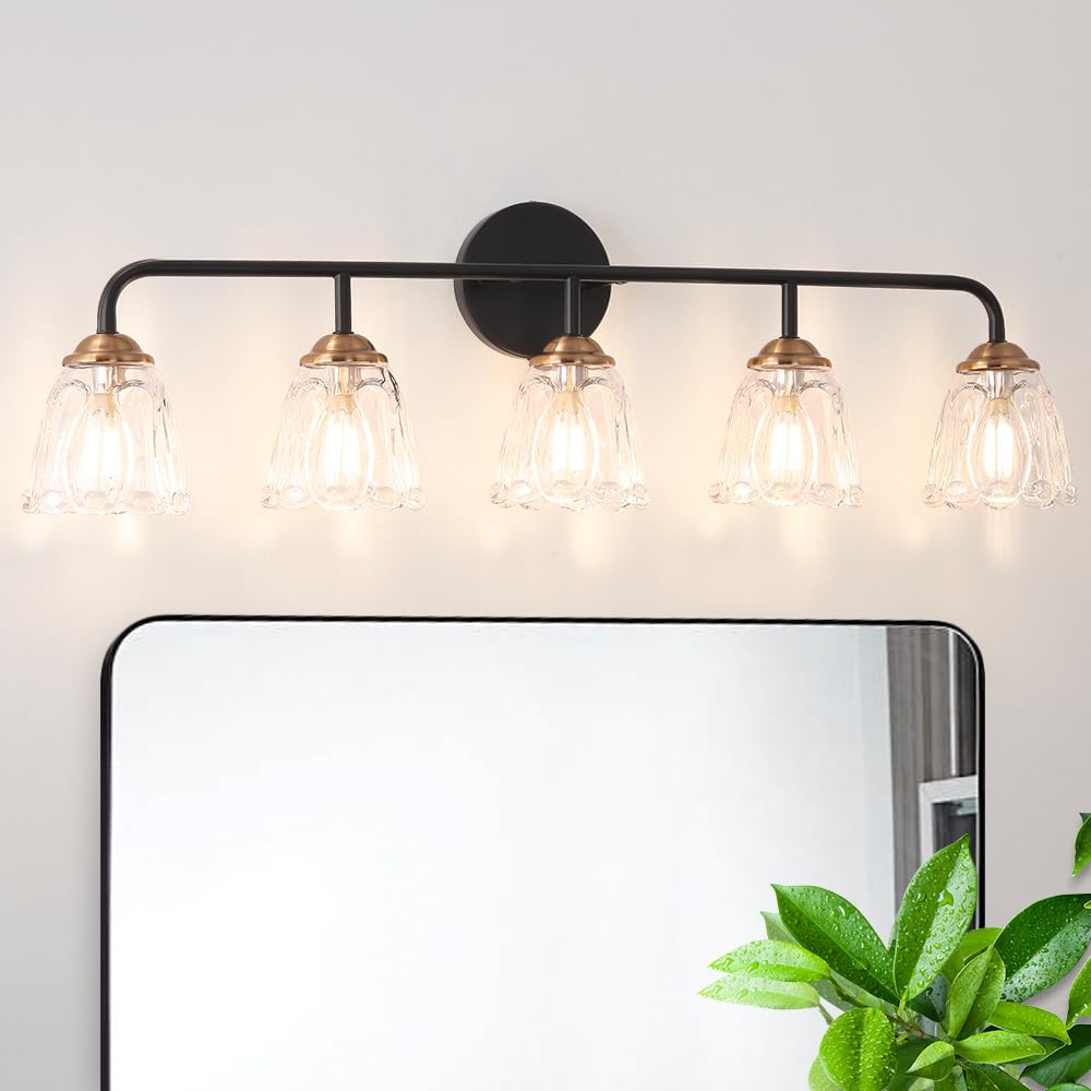Vintage Vanity Lighting For Bathroom, Black And Gold Bathroom Vanity Light Fixtures With Clear Glass Shade, Elegant 5-Light Bath