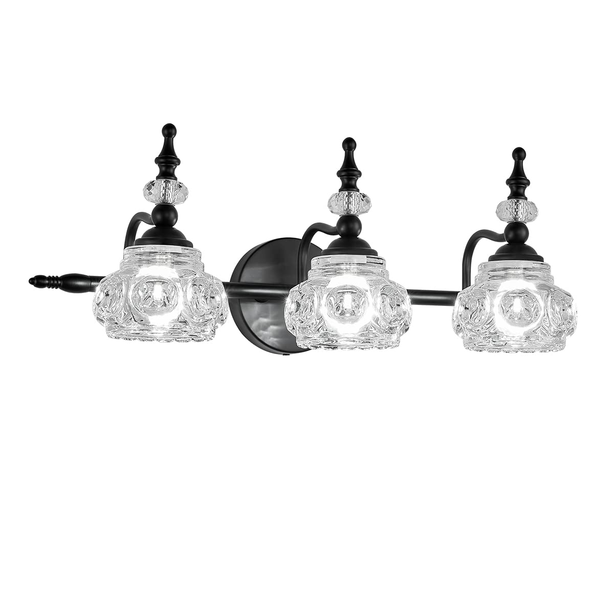 Zilanl 3-Light Vintage Bathroom Light Fixture, Black With Crystal Glass Shade
