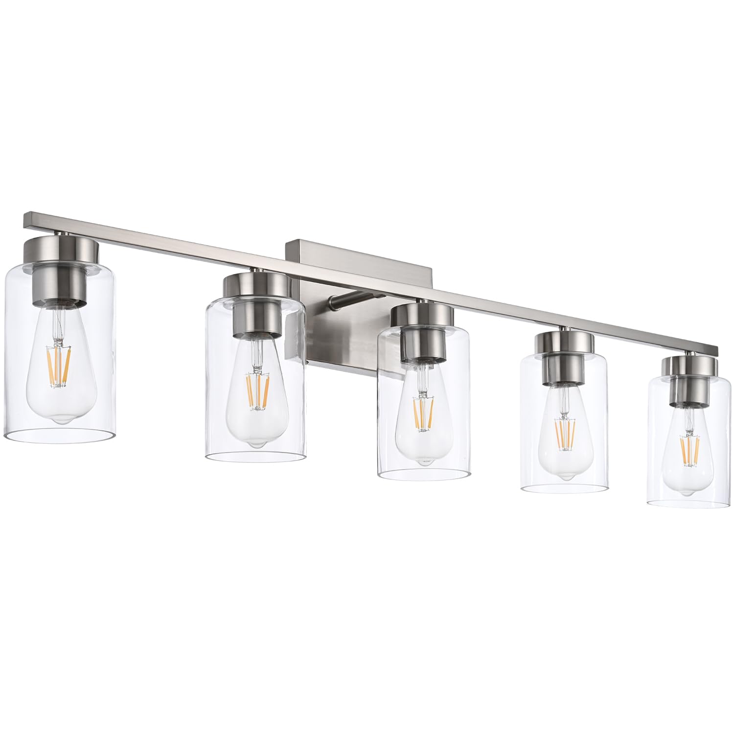 A1A9 5 Light Bathroom Vanity Light Fixture, Brush Nickel, Metal, Clear Glass Shade, Model NF-22406