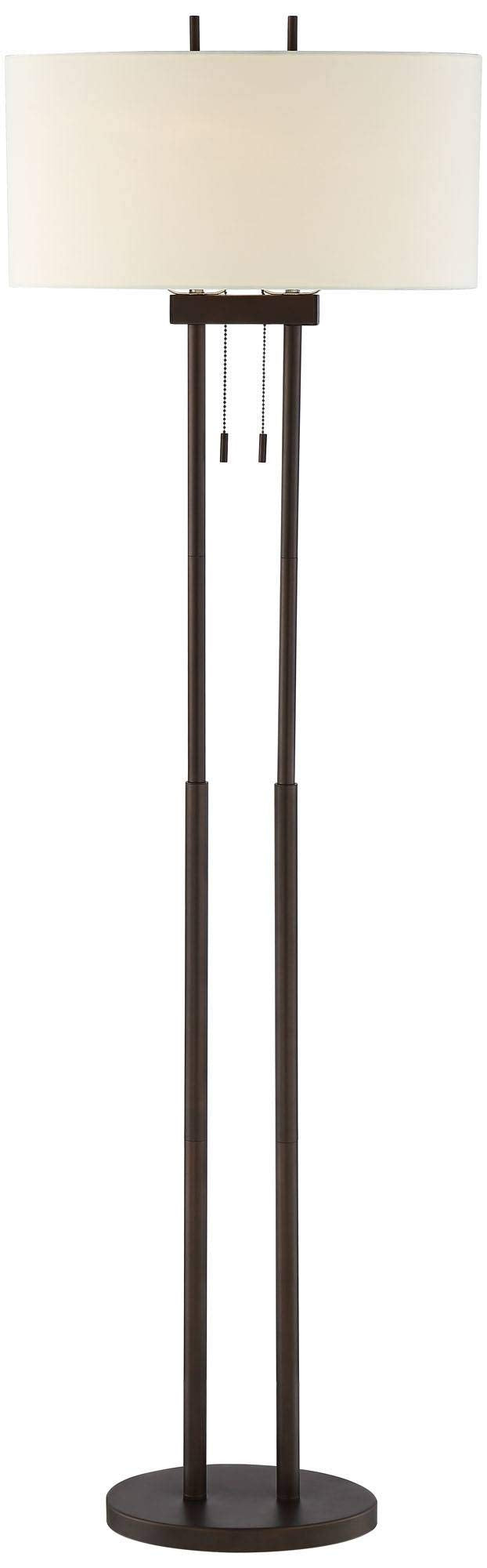 Franklin Iron Works Roscoe Floor Lamp, 62in Tall, Oil Rubbed Bronze, Brown Twin Poles, White Fabric Hardback Oval Shade, Model 1K790