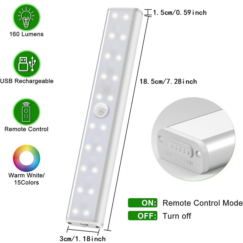 Diomart 48 LED Under Cabinet Lighting - Wireless RGB, 15 Colors, Rechargeable, Remote Control, Mini Night Light Bar, 4 Pack, Multicolor
