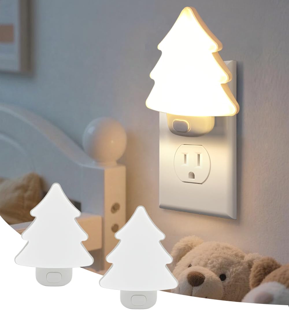 Led Night Light Christmas Tree Lights Plug Into Wall [2 Pack] With Manual On-Off  Dimmable Nightlights Warm/White Wall Art For Home Decor Bathroom Hallway Bedroom Kids Room Apartment  White