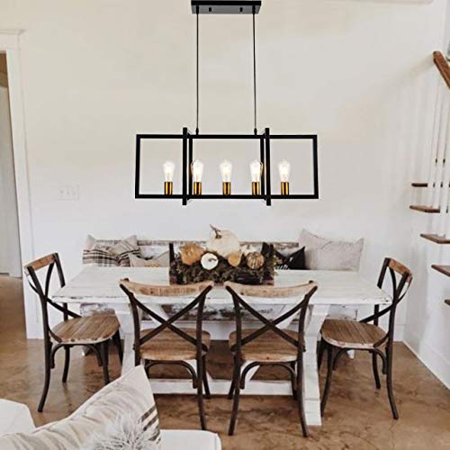 SomSom Kitchen Island Light Pendant Chandelier 5-Light Industrial Matte Black Antique Brass Finish
