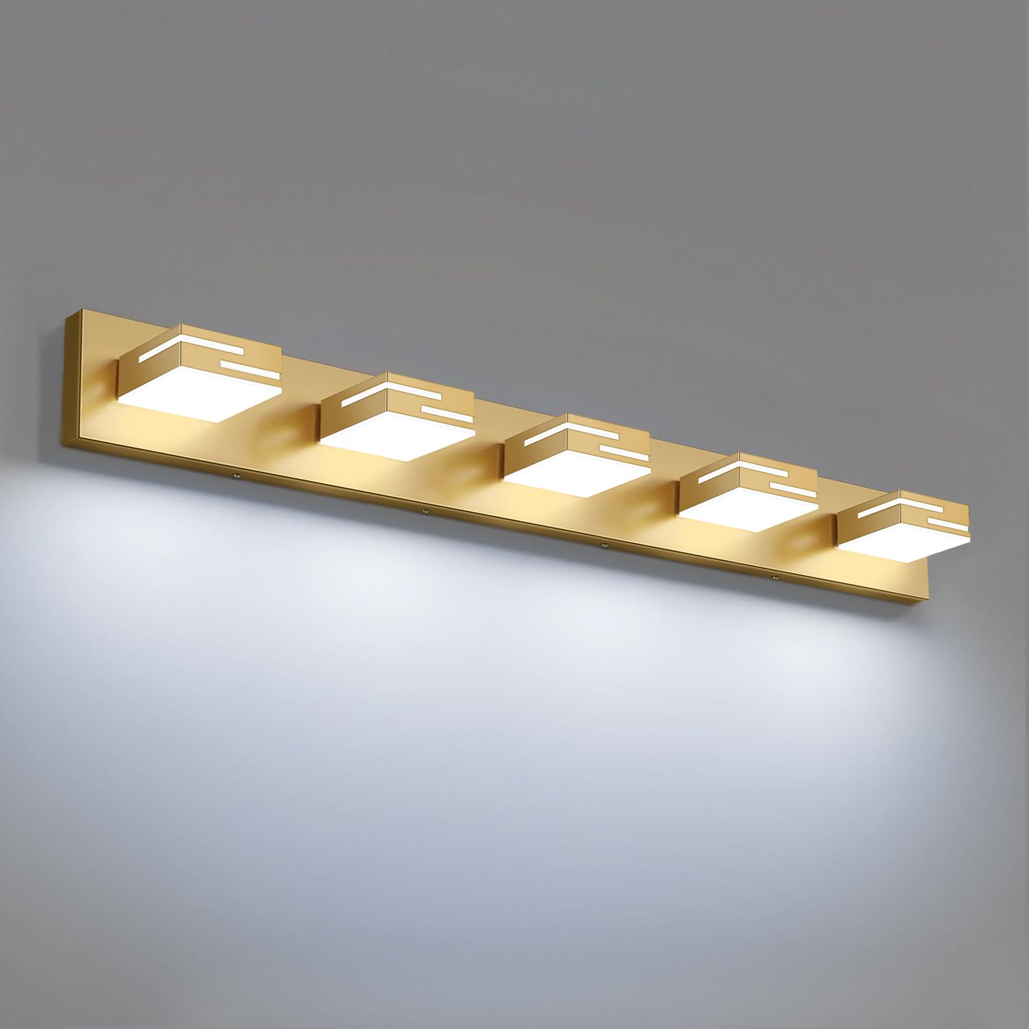 LKHF LED Modern Bathroom Vanity Light Fixtures  5-Light 34-inch Dimmable Gold Vanity Lights for Bathroom Lighting Fixtures Over Mirror  with 350 Rotatable Heads (Cool White 6000K)