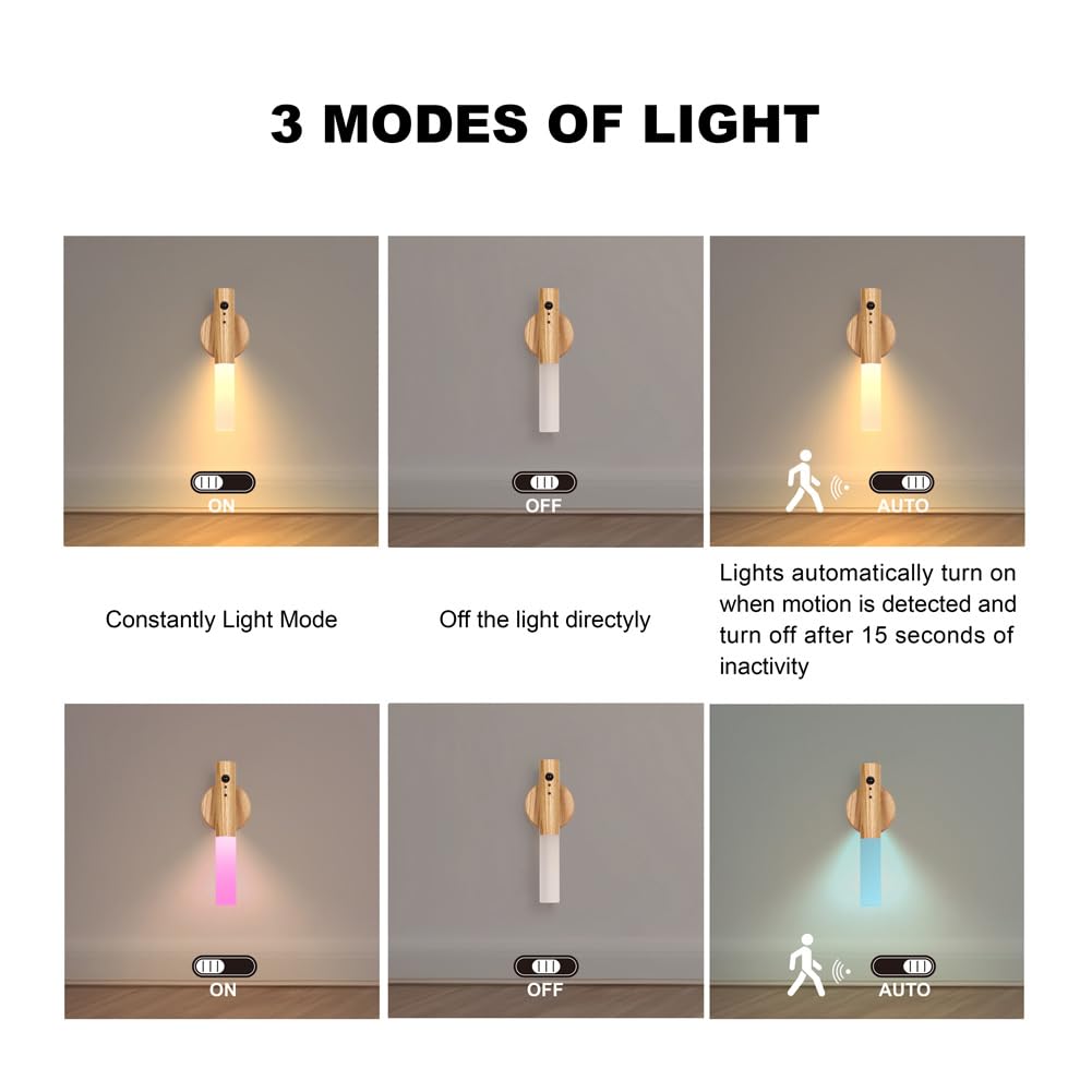 Landgoo Rgb Motion Sensor Night Light, Color Changing Atmosphere Lamp, Battery Powered Rechargeable Led Wood Wall Sconce For Hom