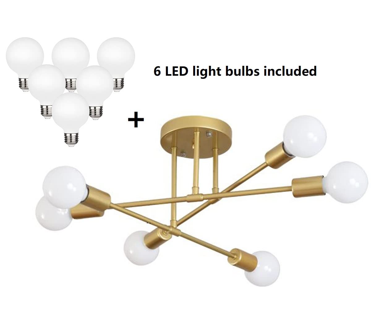 Dellemade Modern Sputnik Chandelier, 6-Light LED Ceiling Light, Gold Finish, Model XD02003G for Bedroom, Dining Room, Kitchen, Office