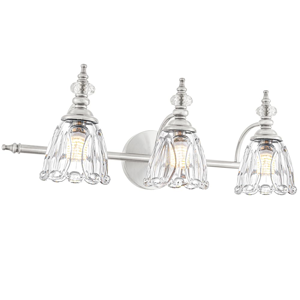 Ditoon Brushed Nickel Vanity Light  Antique Bathroom Vanity Light Over Mirror  3 Light Lighting Fixture With Flower Glass Shade  Farmhouse Sconces Wall Lighting For Hallway Living Room Bedroom