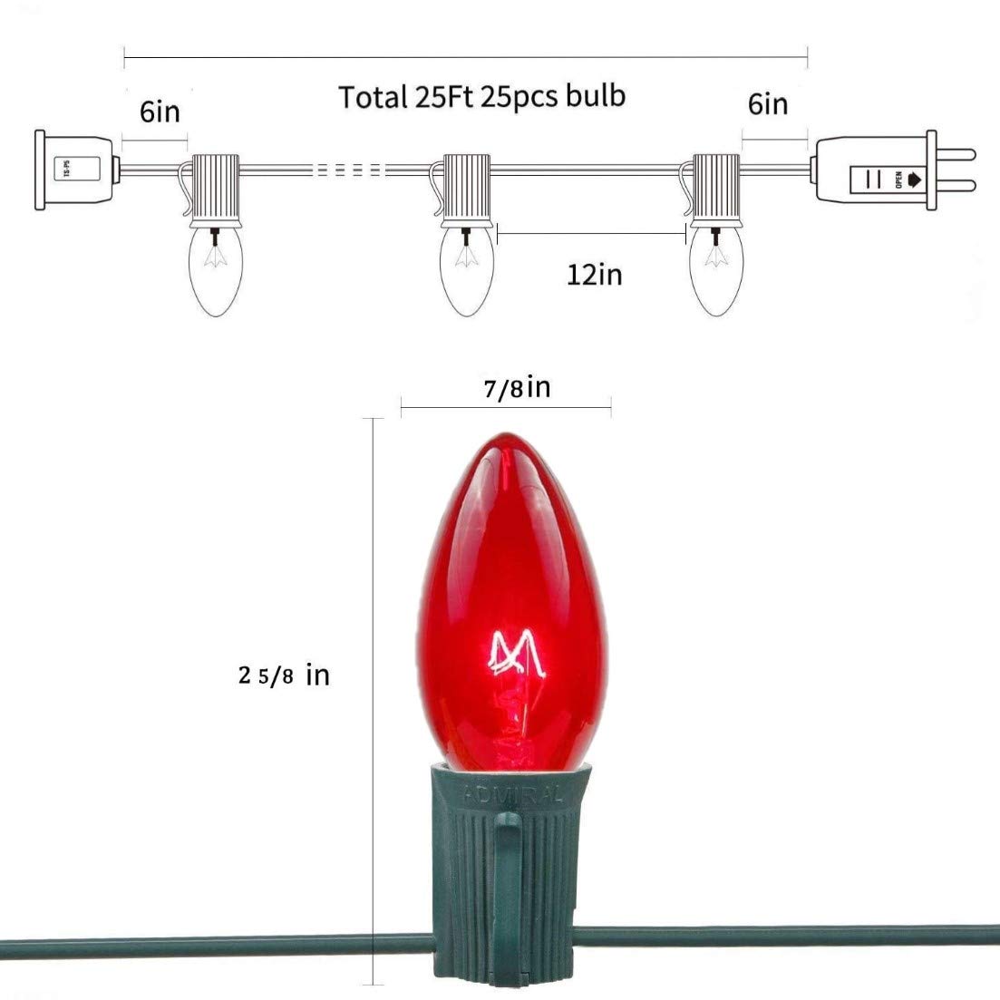 Doratale C7 Christmas Lights, 25Ft Vintage String Lights, 27 Clear Multicolor Bulbs, Incandescent, ULP(7)-LR(25)(5W)