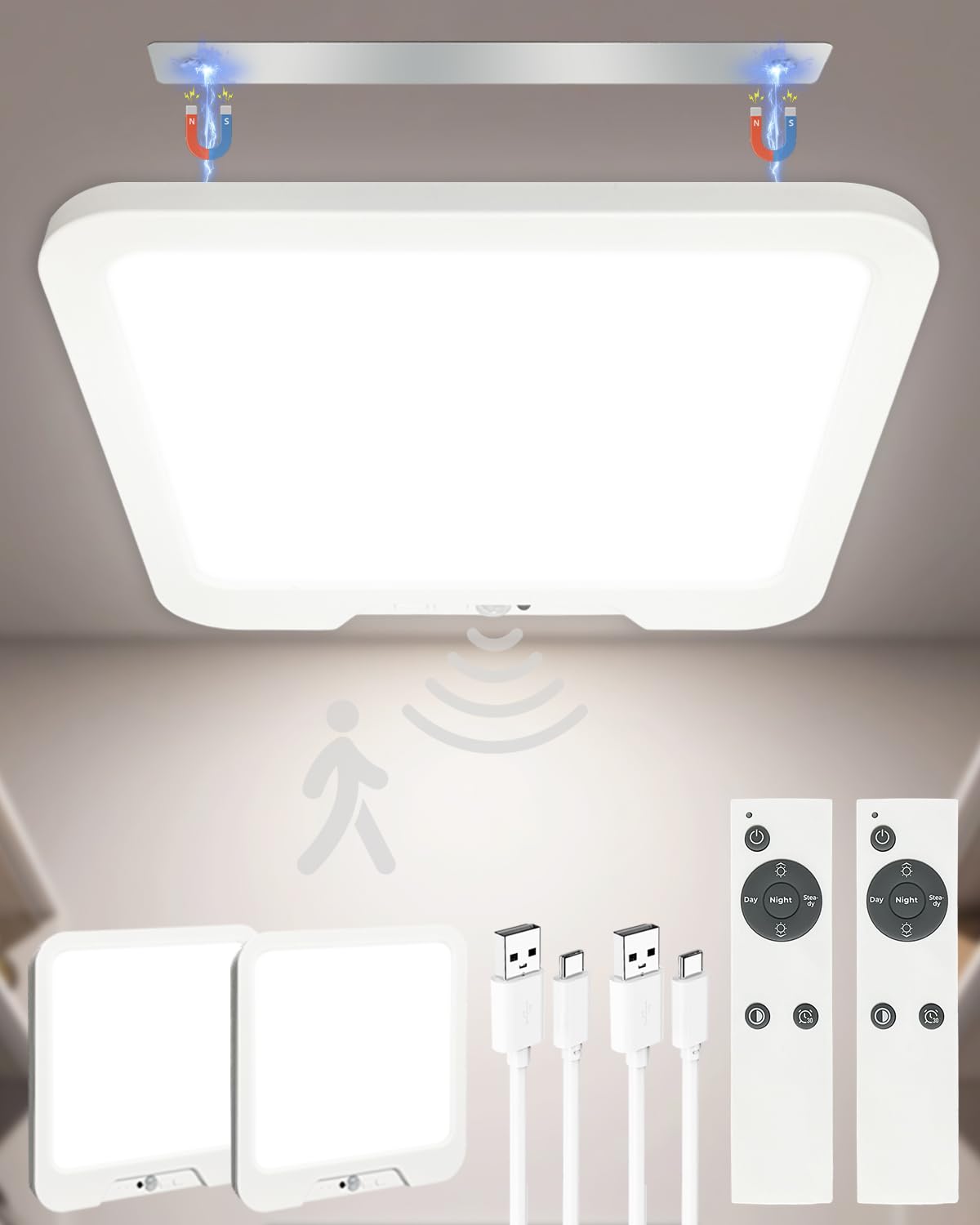 2 Pack Rechargeable Motion Sensor Ceiling Lights with Remote  Dimmable Magnetic Mount Closet Light  7000mAh Battery Operated LED Shower Light  3 Color Temperatures for Bathroom  Stairs  Hallway Garage
