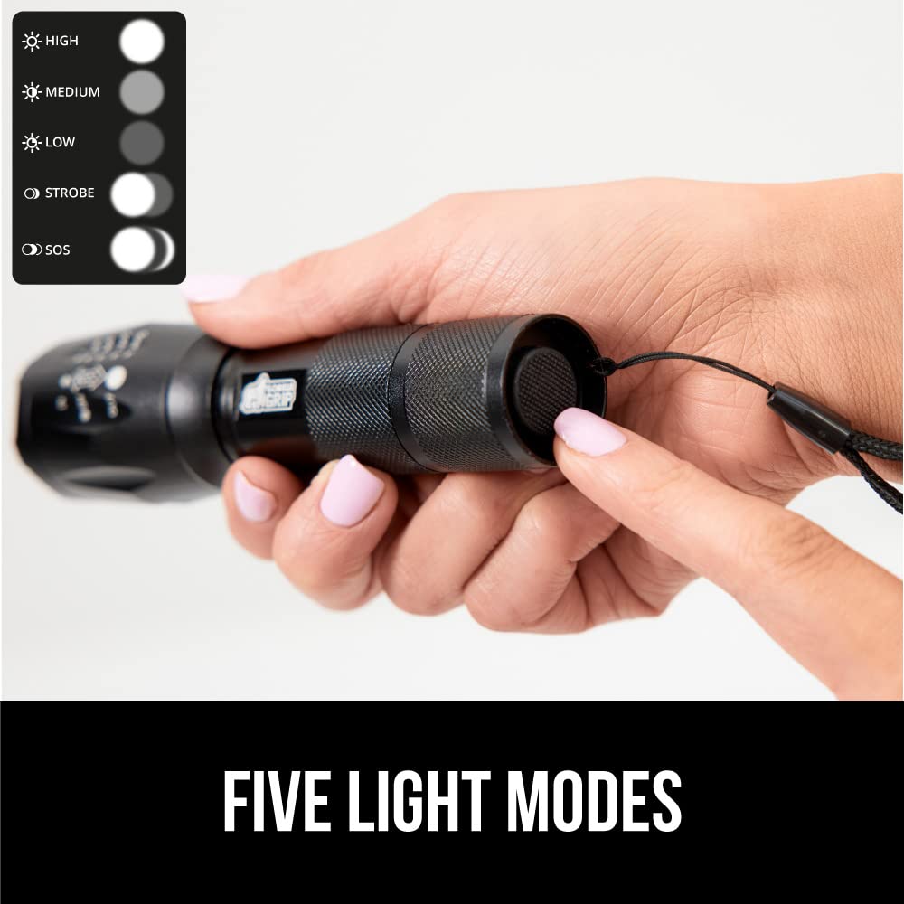 Gorilla Grip 2 Pack Led Tactical Handheld Flashlight, High Lumens, Ultra Bright 5 Mode, Long Lasting Water Resistant, 750 Ft Zoom Flashlights, Camping Accessory, Outdoor Camp Gear, Emergencies, Black
