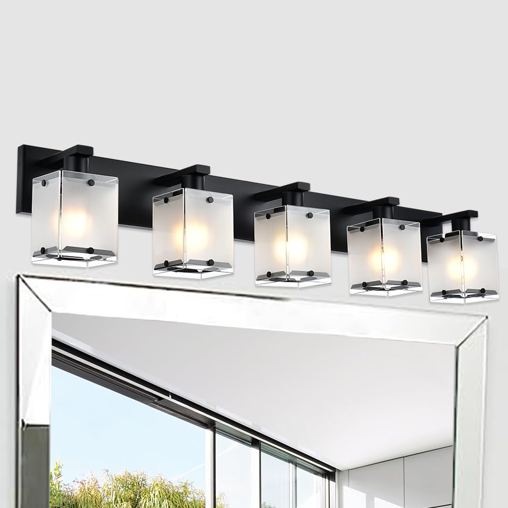 WINSHEN Bathroom Light Fixtures, 5-Lights Modern Vanity Lights, Matte Black, Rectangular Frosted Glass, Model 5WBL-XOTFZO