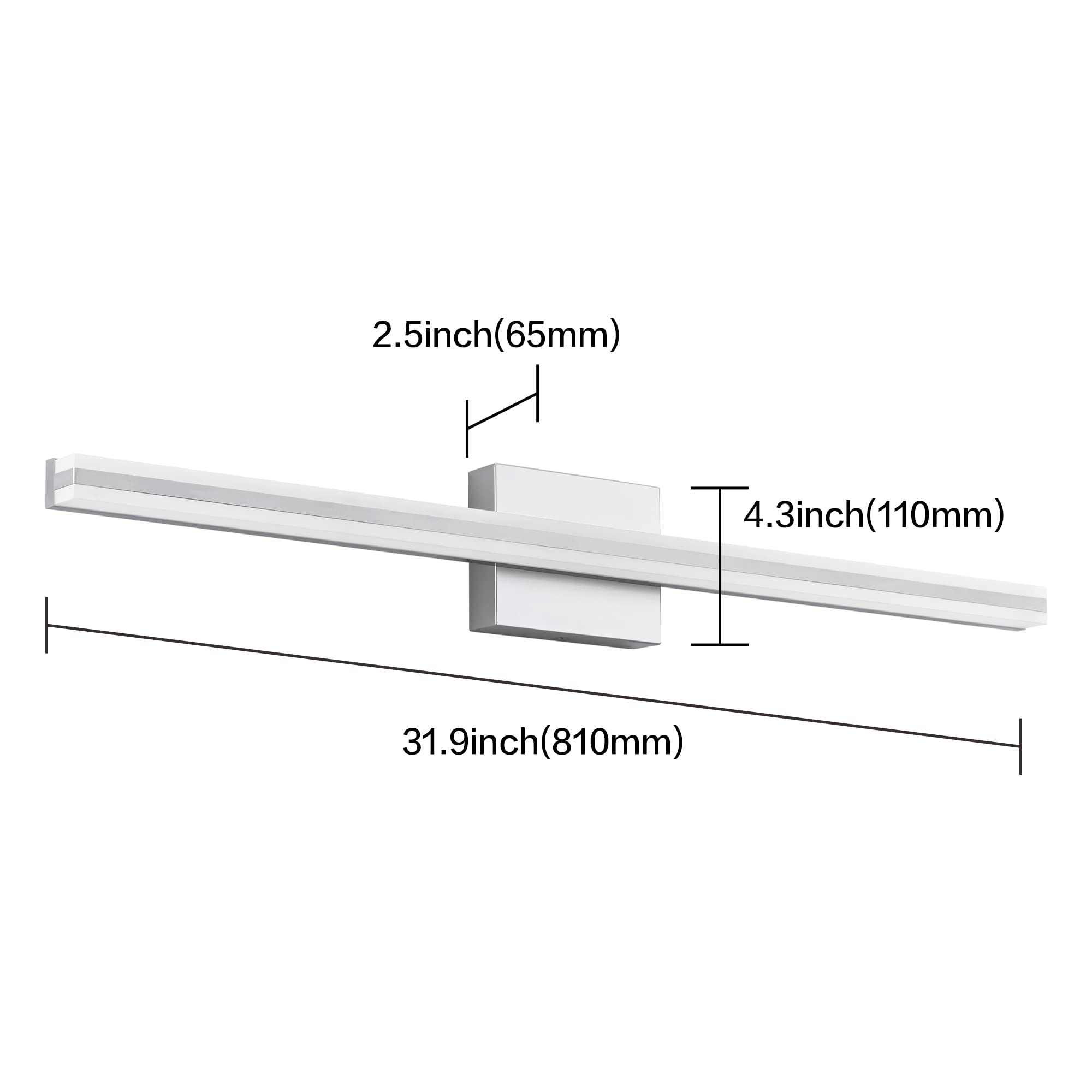 SOLFART Bathroom Vanity Lights Over Mirror 31.8 Inch LED Brushed Nickel Aluminum S8200-810mm-Silver
