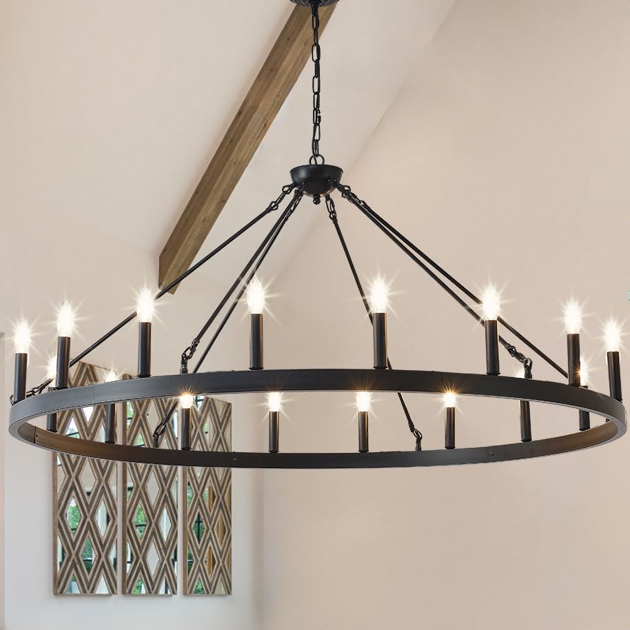 Zbmyrbzj 53&quot; Black Wagon Wheel Chandelier, 18-Light Industrial Ceiling Light For High Ceilings
