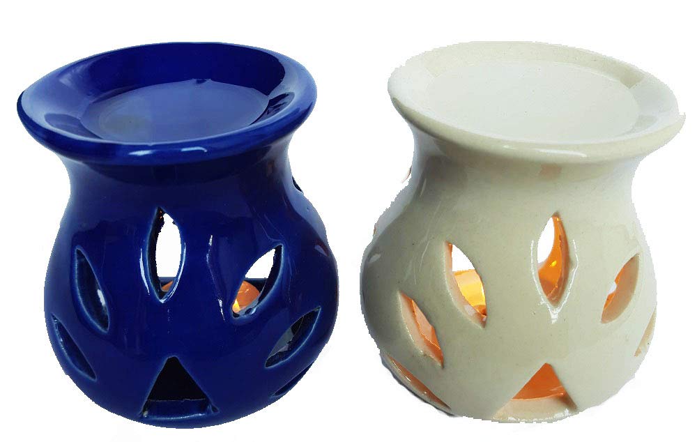 RTWARE Ceramic Clay Candle Operated Aroma Burner Oil Diffuser for Home Fragrance (Blue & White) -Set of 2