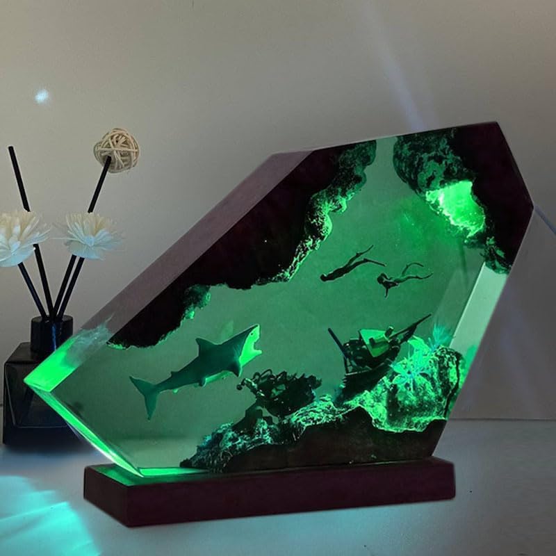 Shark Ocean Resin Lamp  Handmade Wooden Table Resin Night Light  Usb Port Art Ornaments For Home Office Decor  Scuba Diver Gifts For Birthday Holiday  ValentineS Day Gifts For Husband