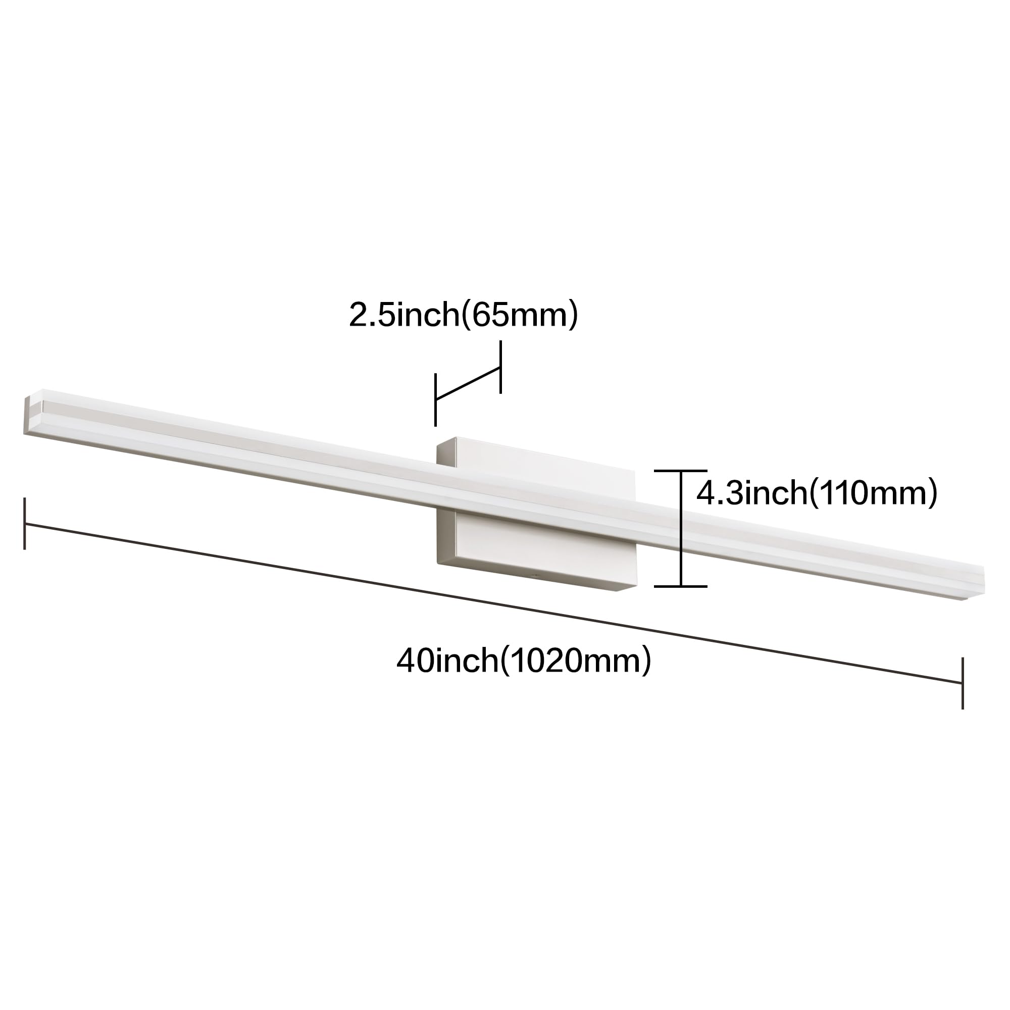 Solfart 40 Inch Modern Led Bathroom Vanity Light - Dimmable Stainless Steel Over Mirror Fixture, Silver Finish, Model 8B07B29F